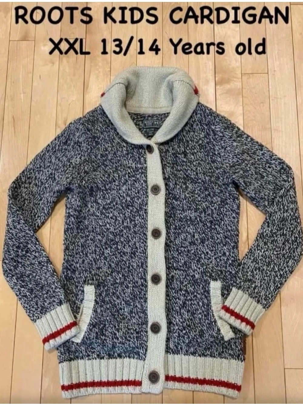 Roots Kids Shawl Collar Cardigan in Navy Speckle with Cream Trim and Red Accent